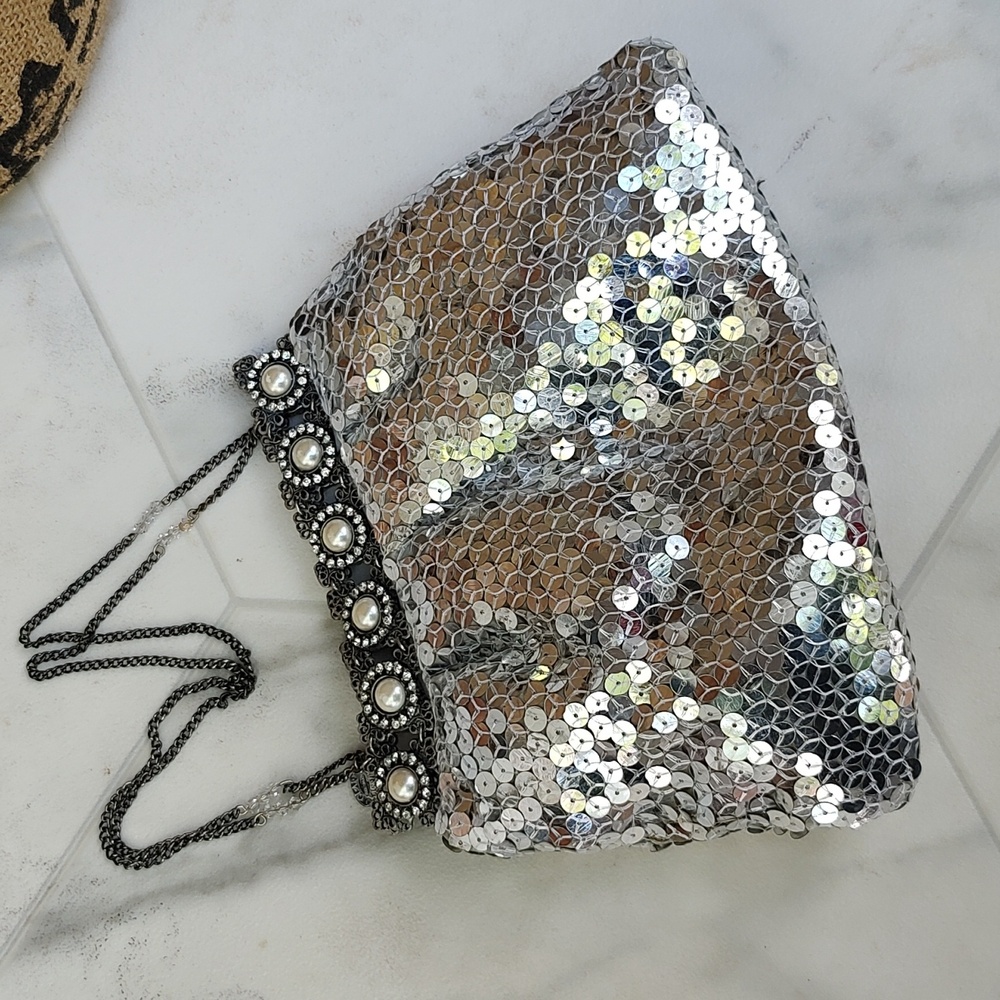 Silver Sequin Evening Clutch with Pearl-Trim Handle
